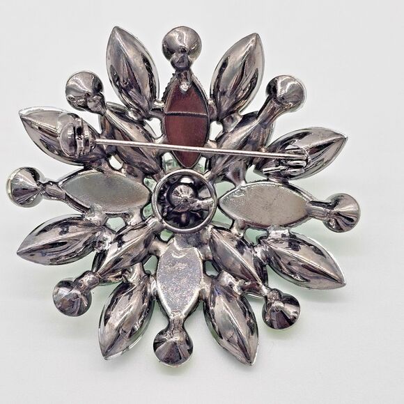 Atomic Flower Brooch Vintage Green Jeweled Elegant Floral Estate Jewelry Pin - Picture 6 of 8